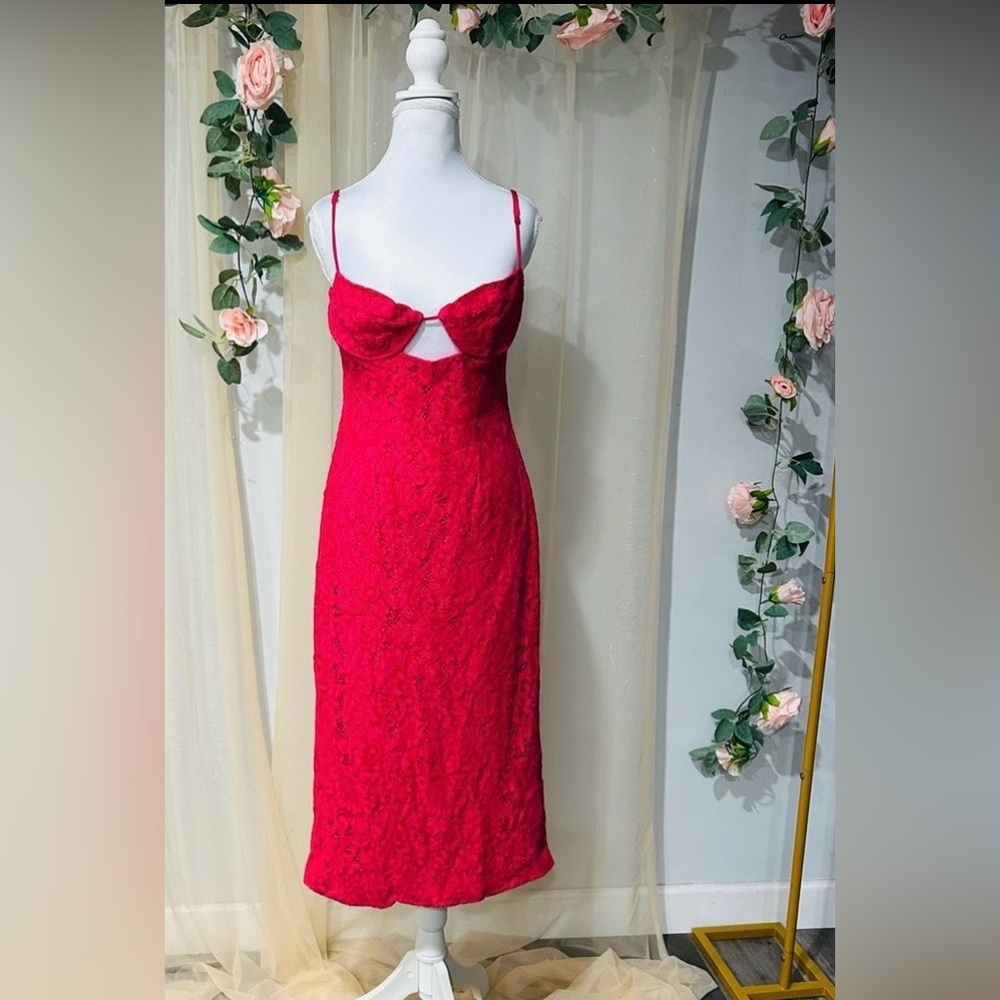 Bardot Hot Pink Lace Cutout Open Back Midi Dress Size Large NWOT